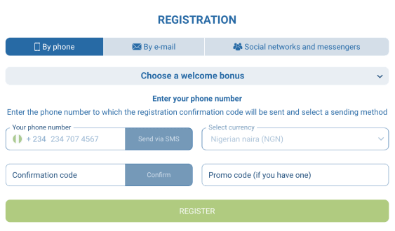 1xBet registration form